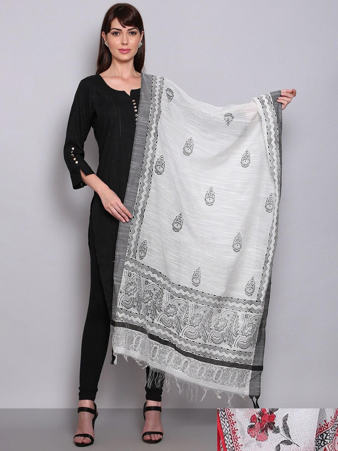 Miaz Lifestyle White & Black Ombre Woven Design Bandhani Cotton Dupatta with Gotta Patti