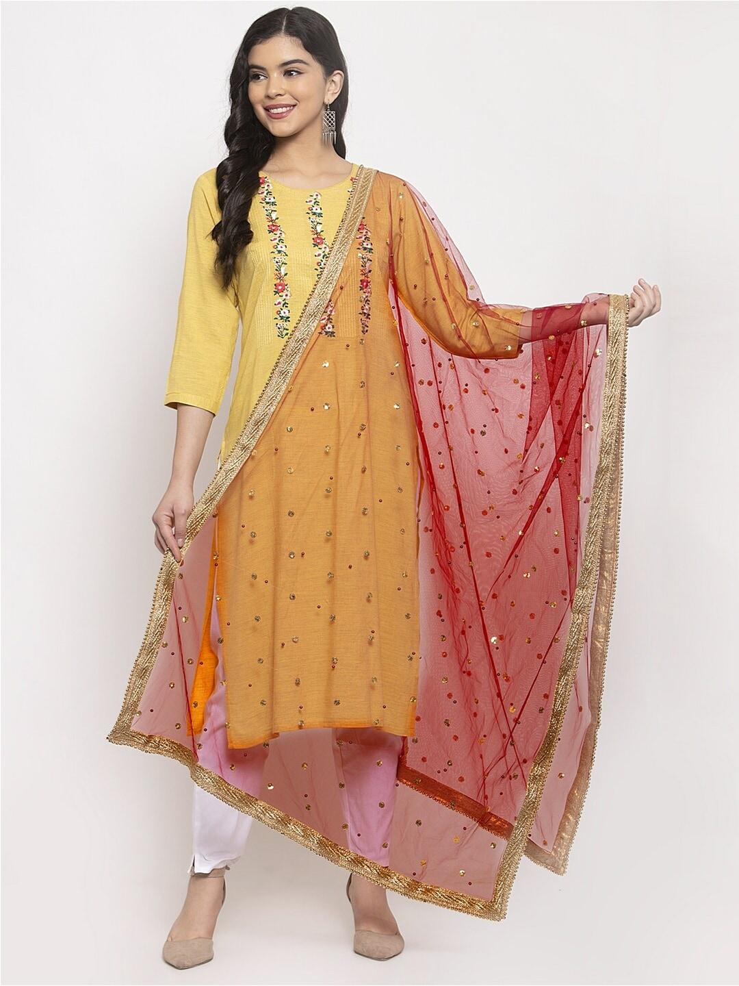 Clora Creation Red & Gold-Toned Embroidered Dupatta with Sequinned