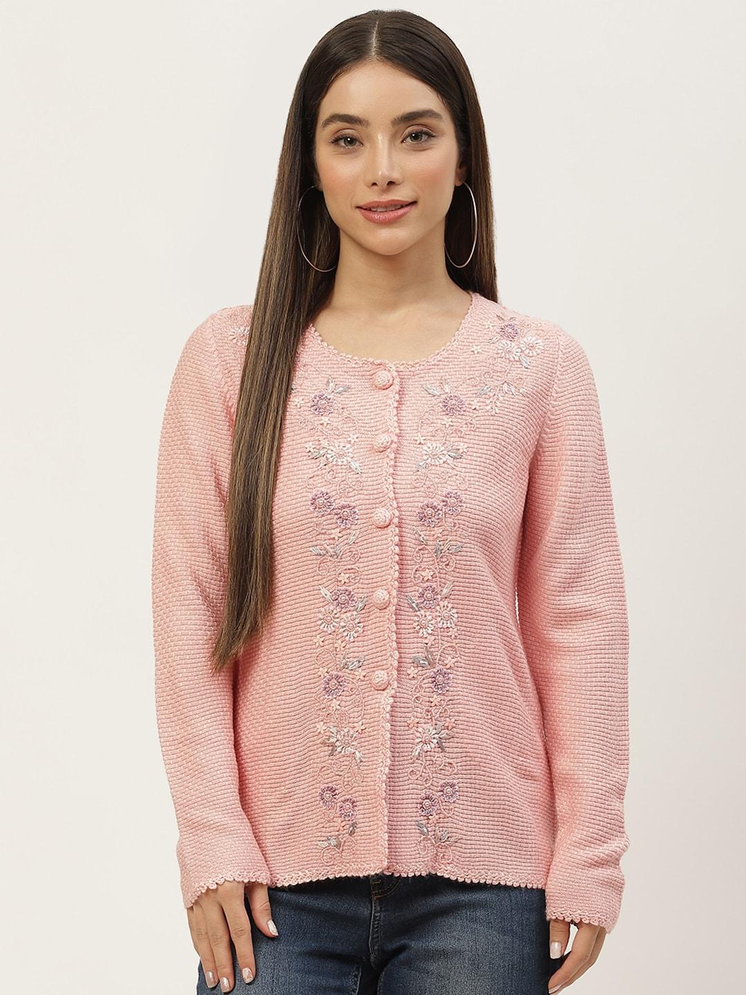 APSLEY Women Pink & Silver Floral Cardigan with Embroidered Detail