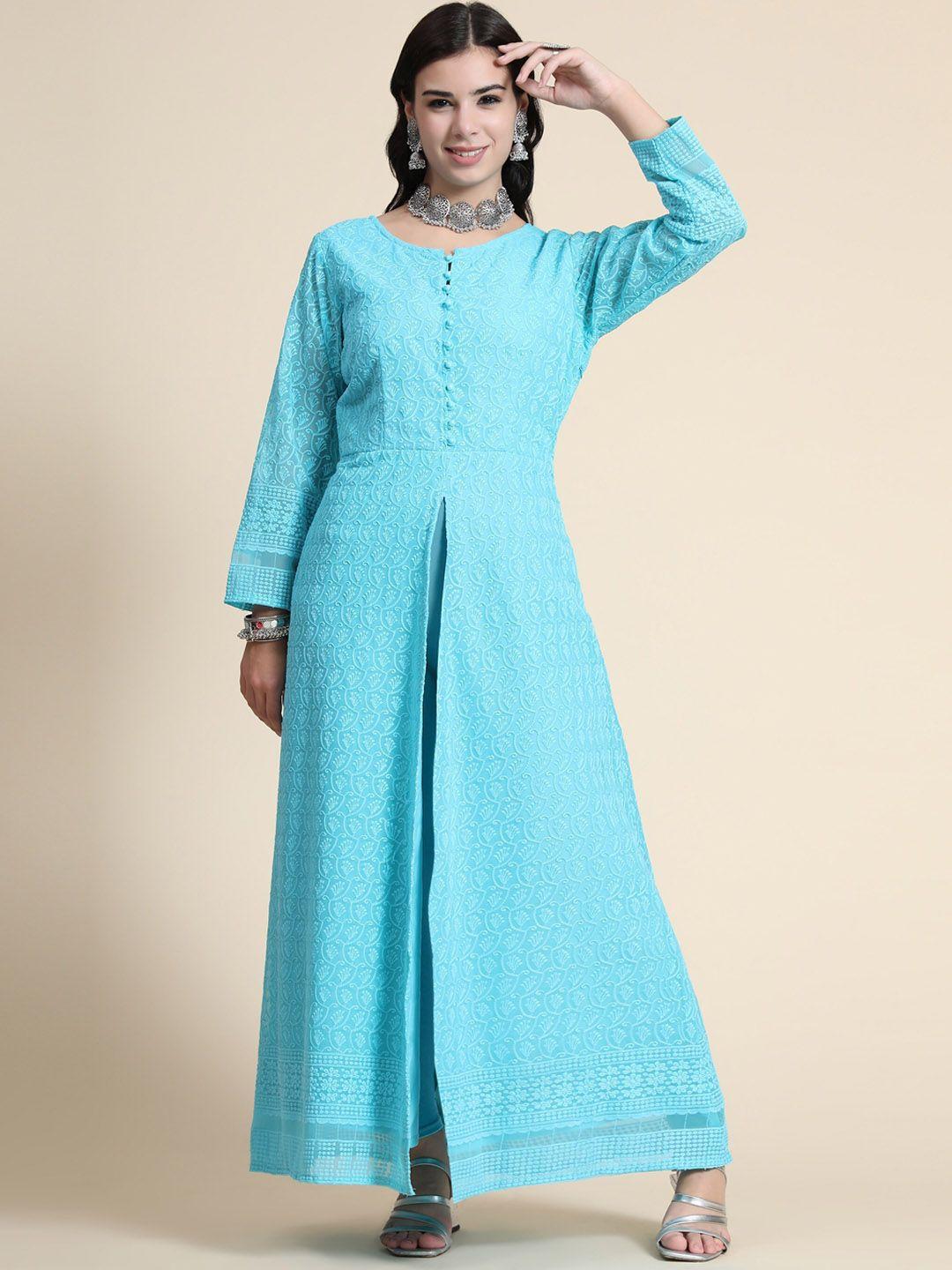 KALINI Women Blue Embroidered Maxi Long Ethnic Dress