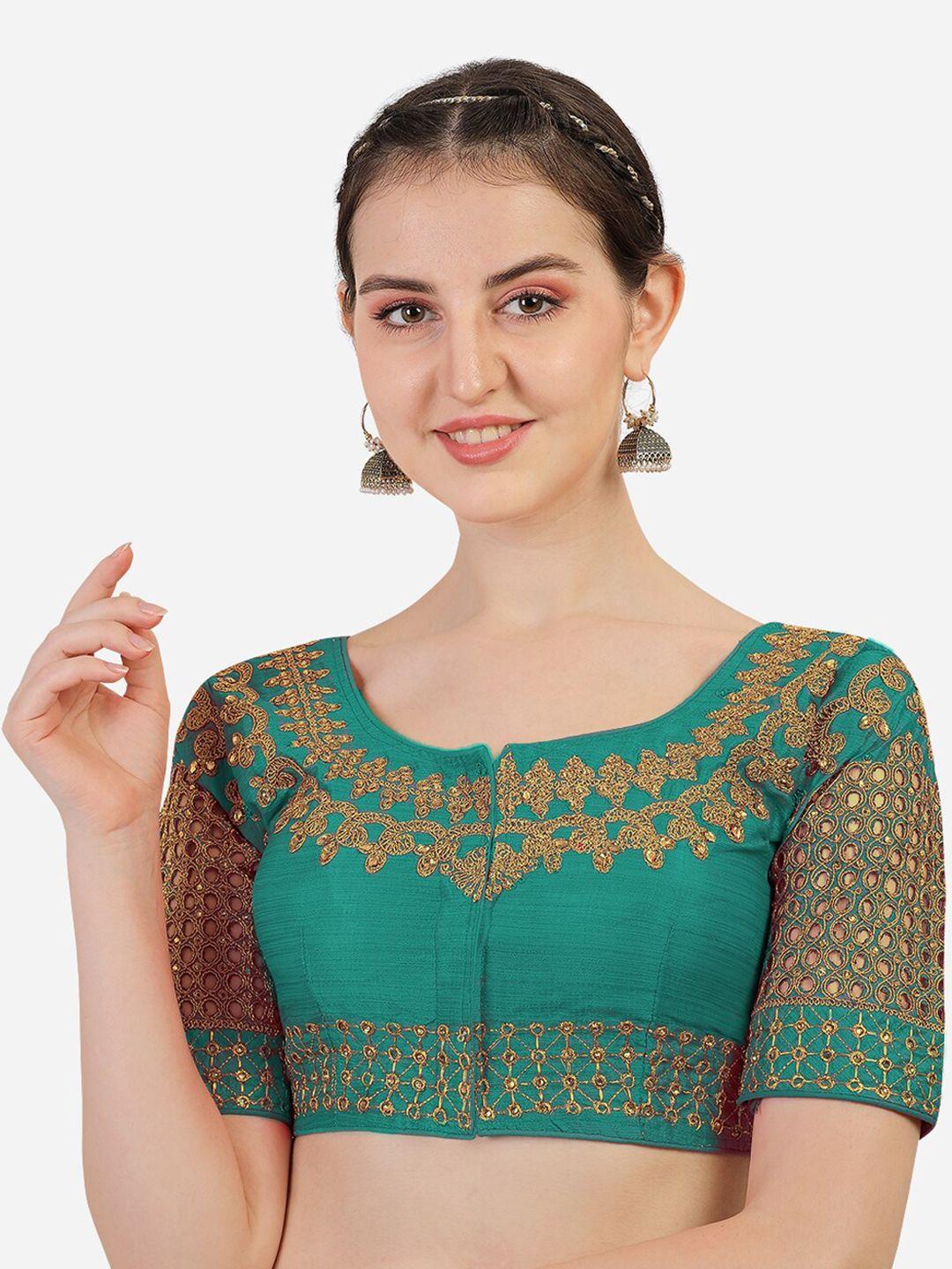 pujia-mills-teal-green-&-gold-toned-embellished-saree-blouse