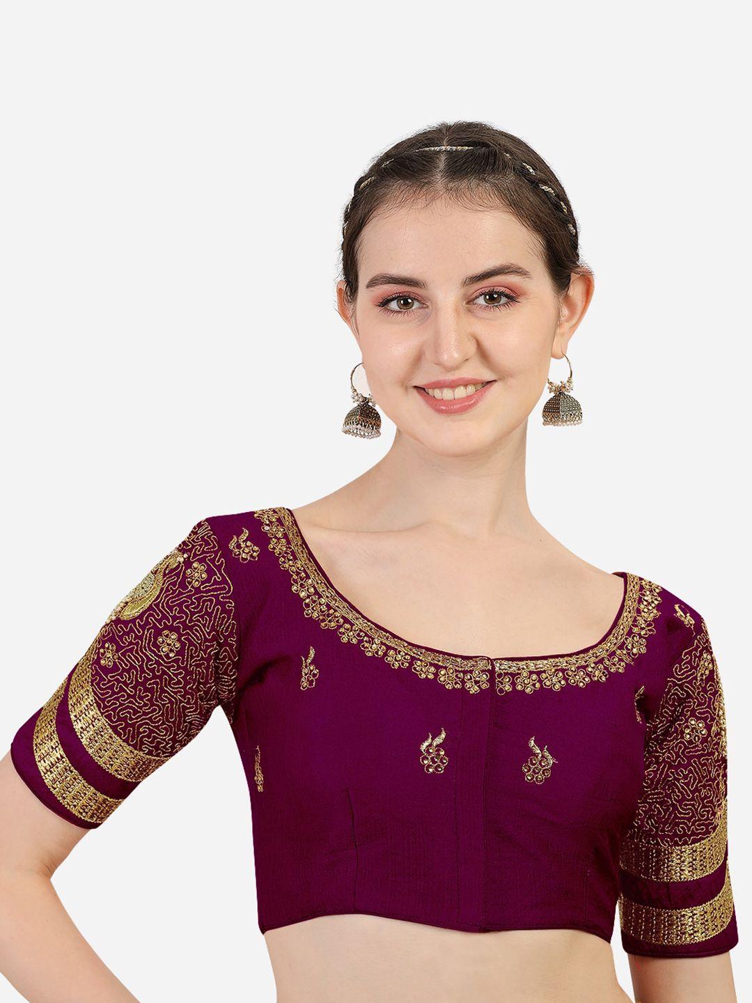 PUJIA MILLS Women Violet Embroidered Readymade Saree Blouse