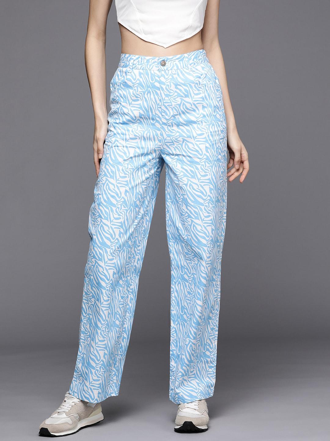 SASSAFRAS Women Turquoise Blue Printed Cotton High-Rise Trousers