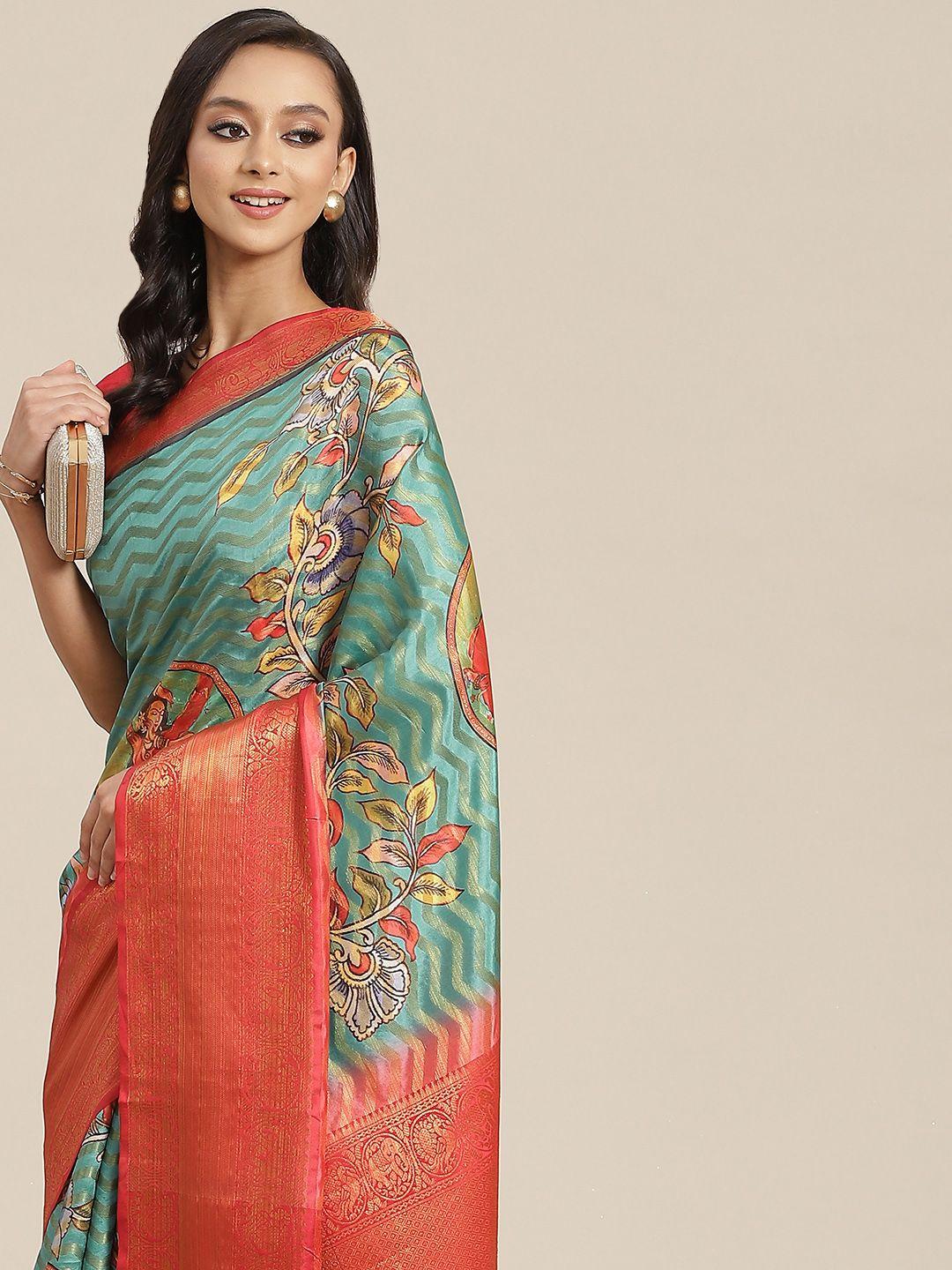 silk-land-teal-green-&-red-ethnic-motifs-zari-art-silk-banarasi-saree