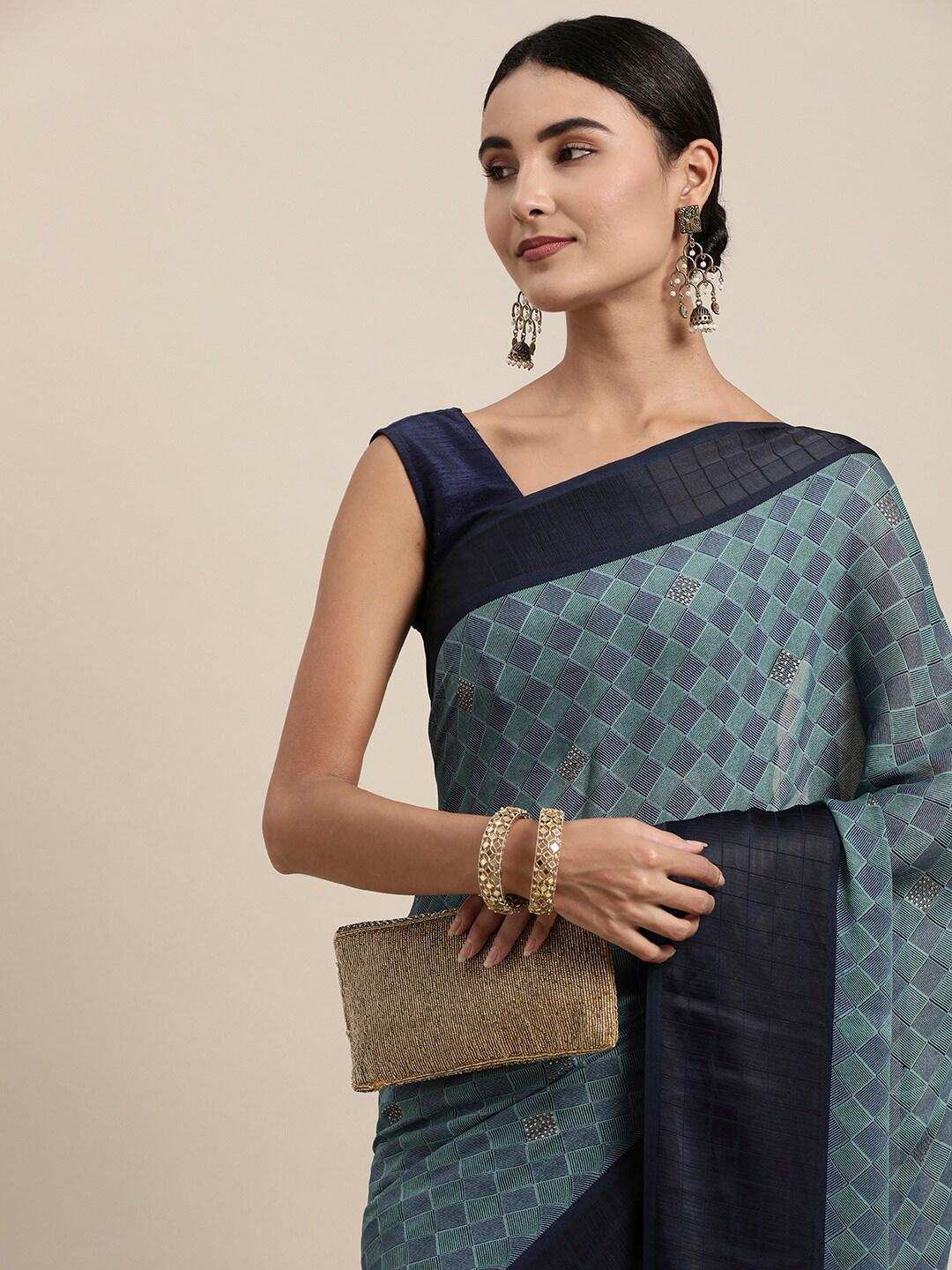 Pothys Blue Checked Stones Detail Pure Chiffon Saree with Blouse