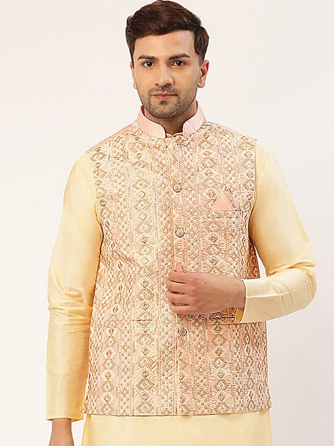 Jompers Men Pink Embroidered Woven Design Nehru Jacket