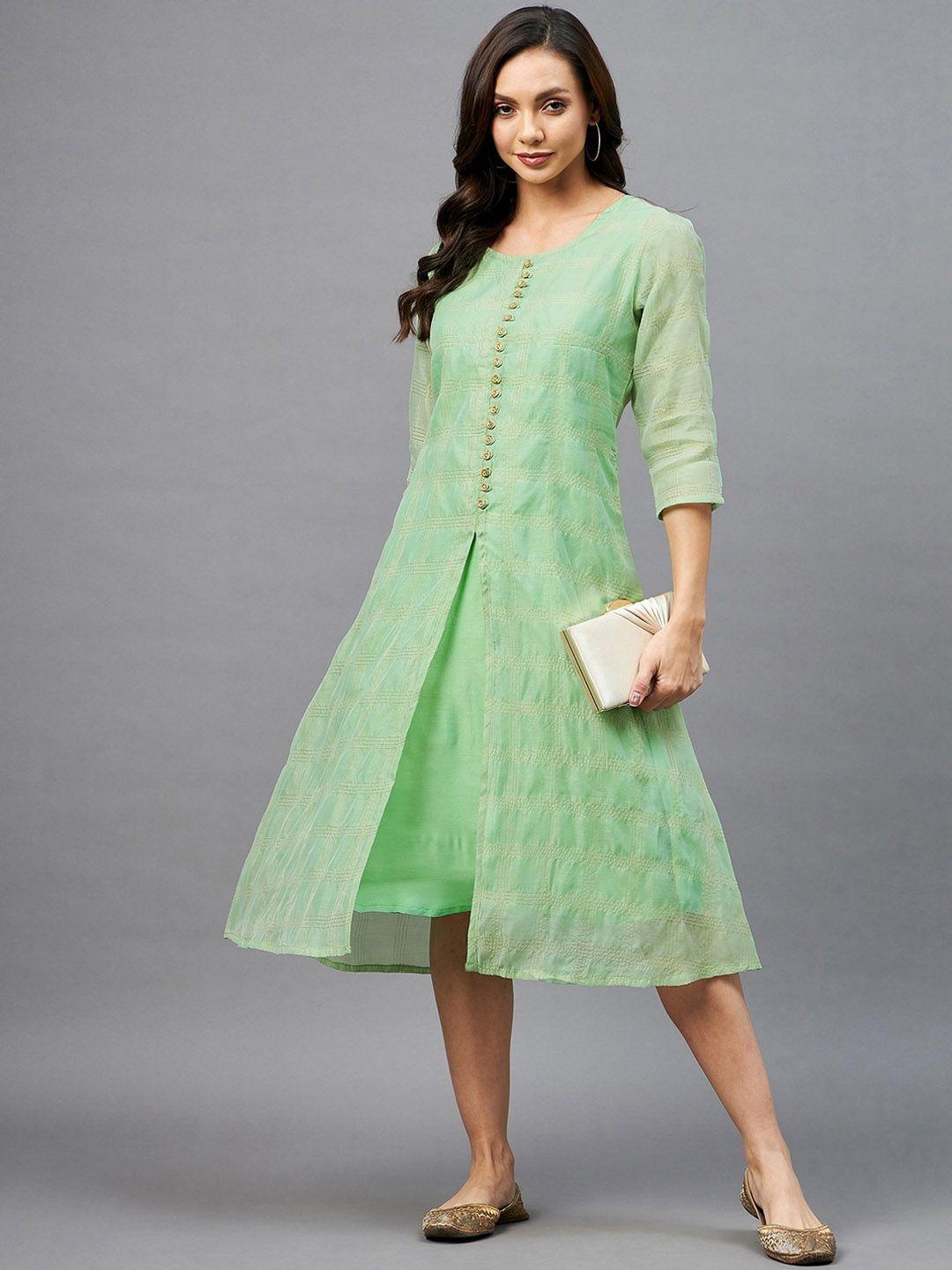 azira-women-green-checked-a-line-ethnic-dress