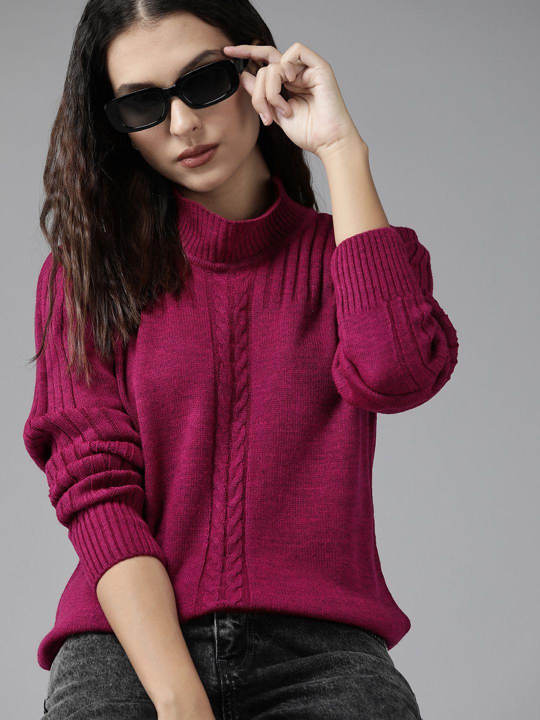 Roadster Women Magenta Cable Knit Acrylic Pullover