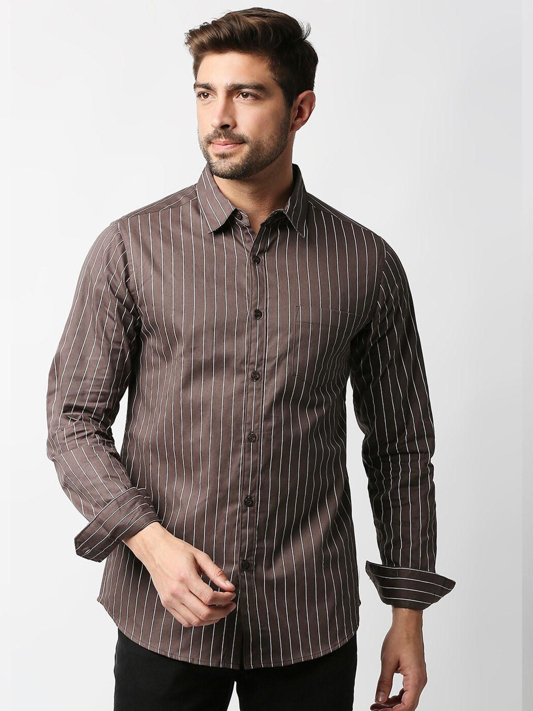 VALEN CLUB Men Coffee Brown Slim Fit Striped Casual Shirt
