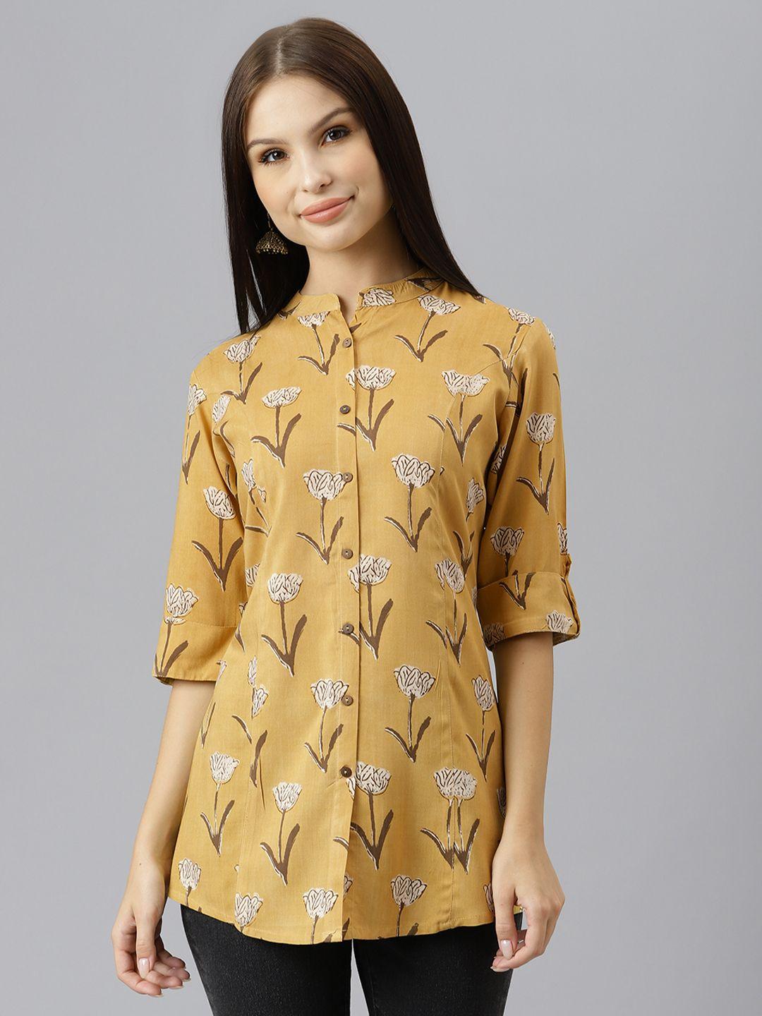 divena-mustard-yellow-floral-print-mandarin-collar-roll-up-sleeves-shirt-style-top