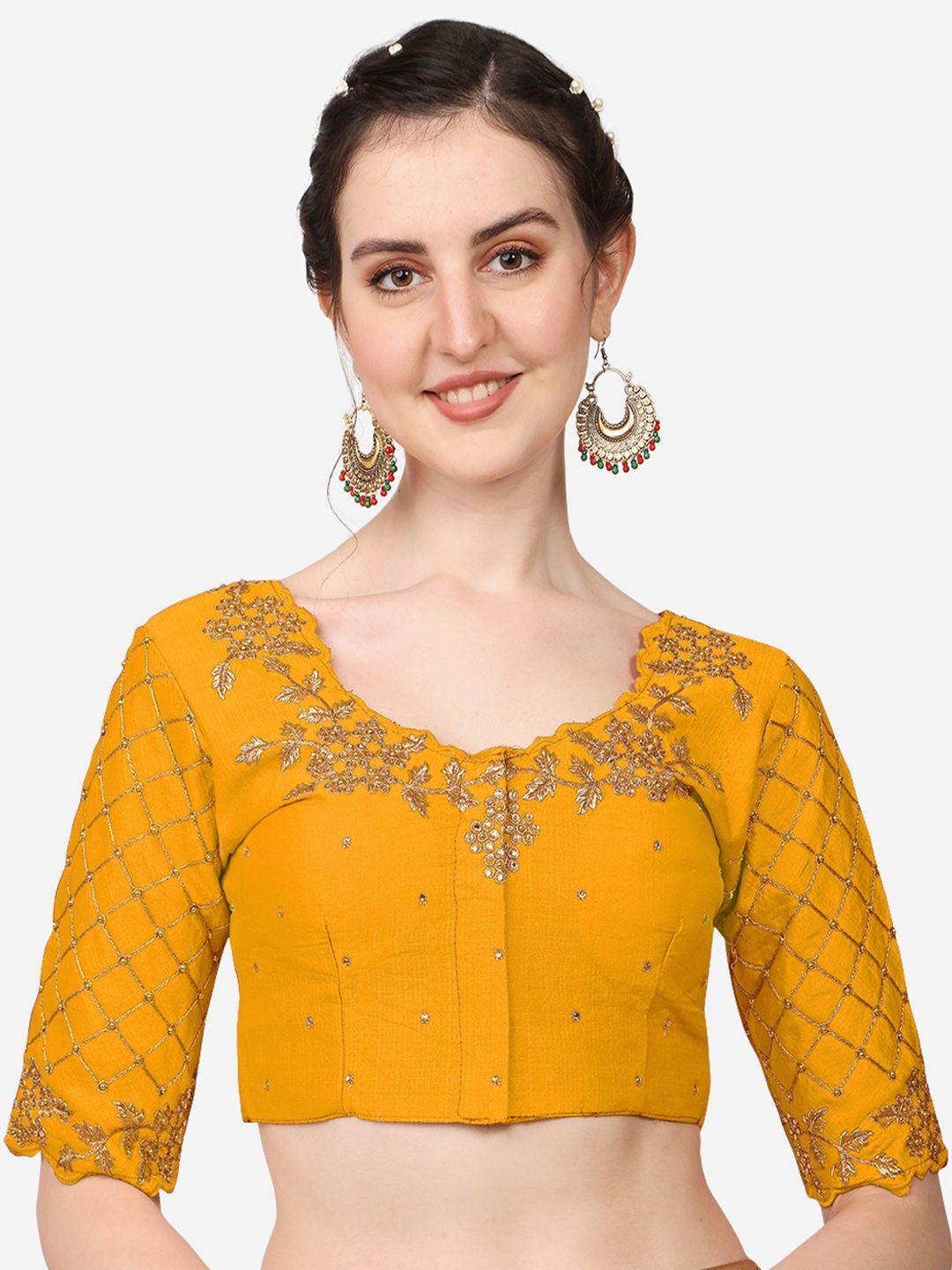 Sumaira Tex Yellow & Gold-Toned Embroidered Silk Saree Blouse