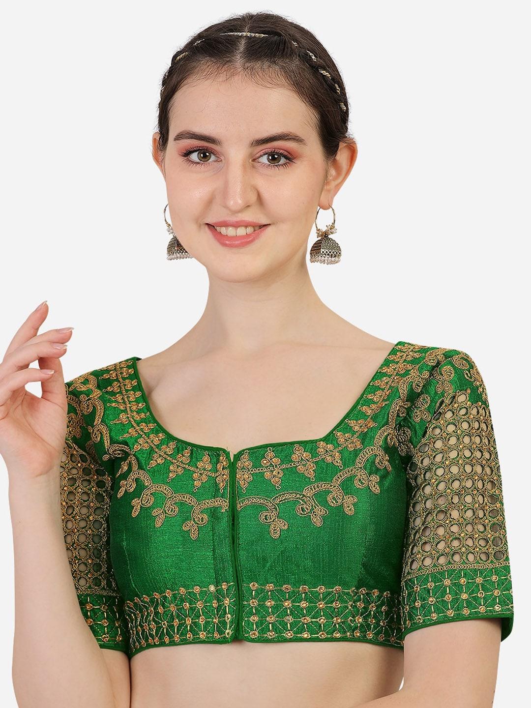 Sumaira Tex Green Embroidered Silk Padded Saree Blouse