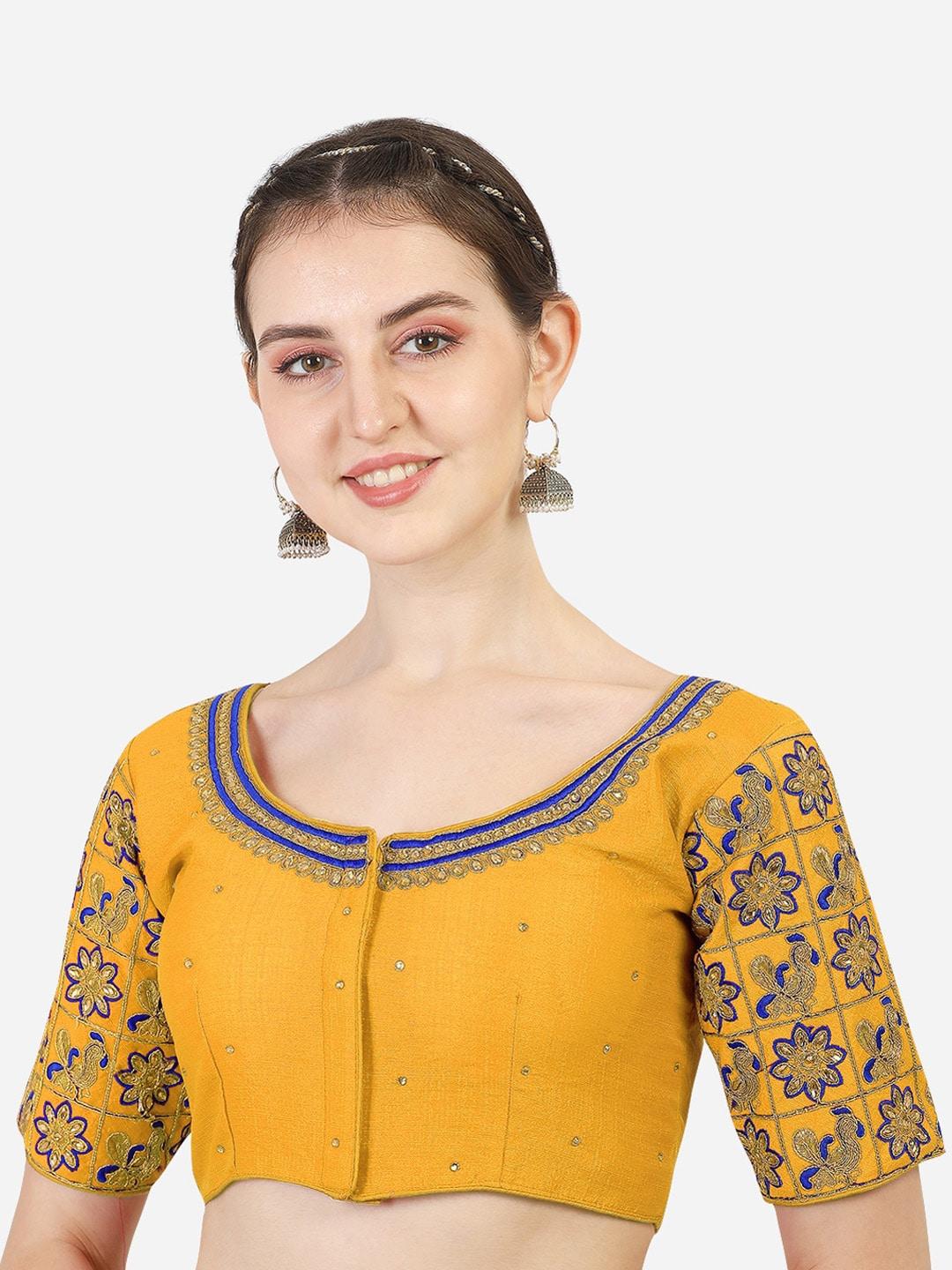 Sumaira Tex Yellow & Blue Embroidered Saree Blouse