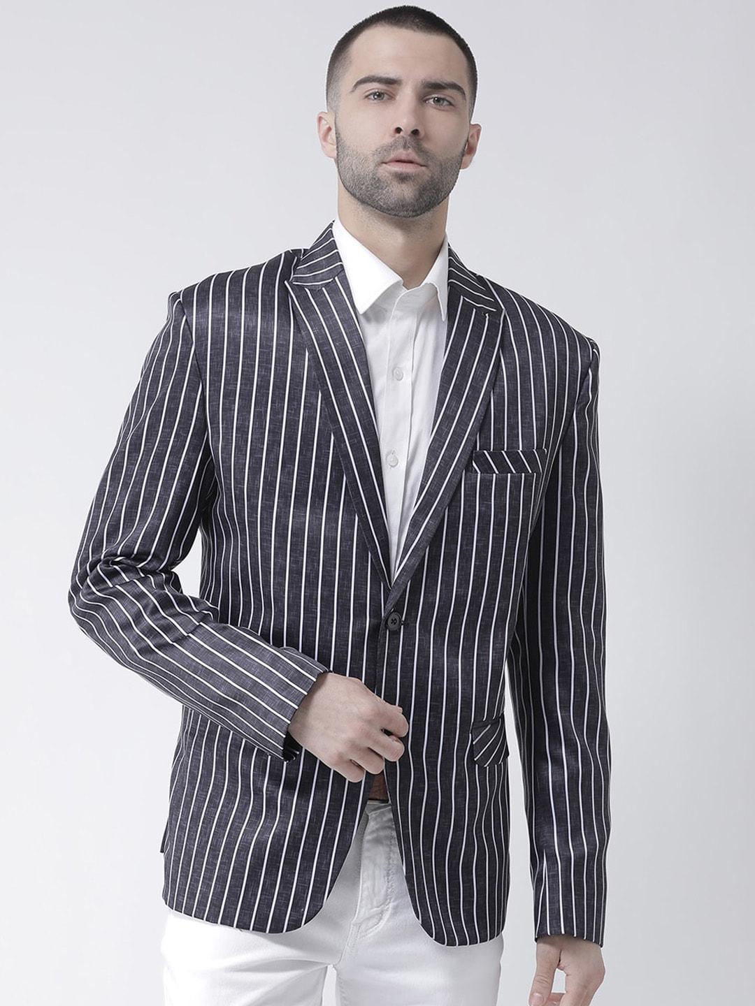 Hangup Men Grey & White Striped Single-Breasted Blazer