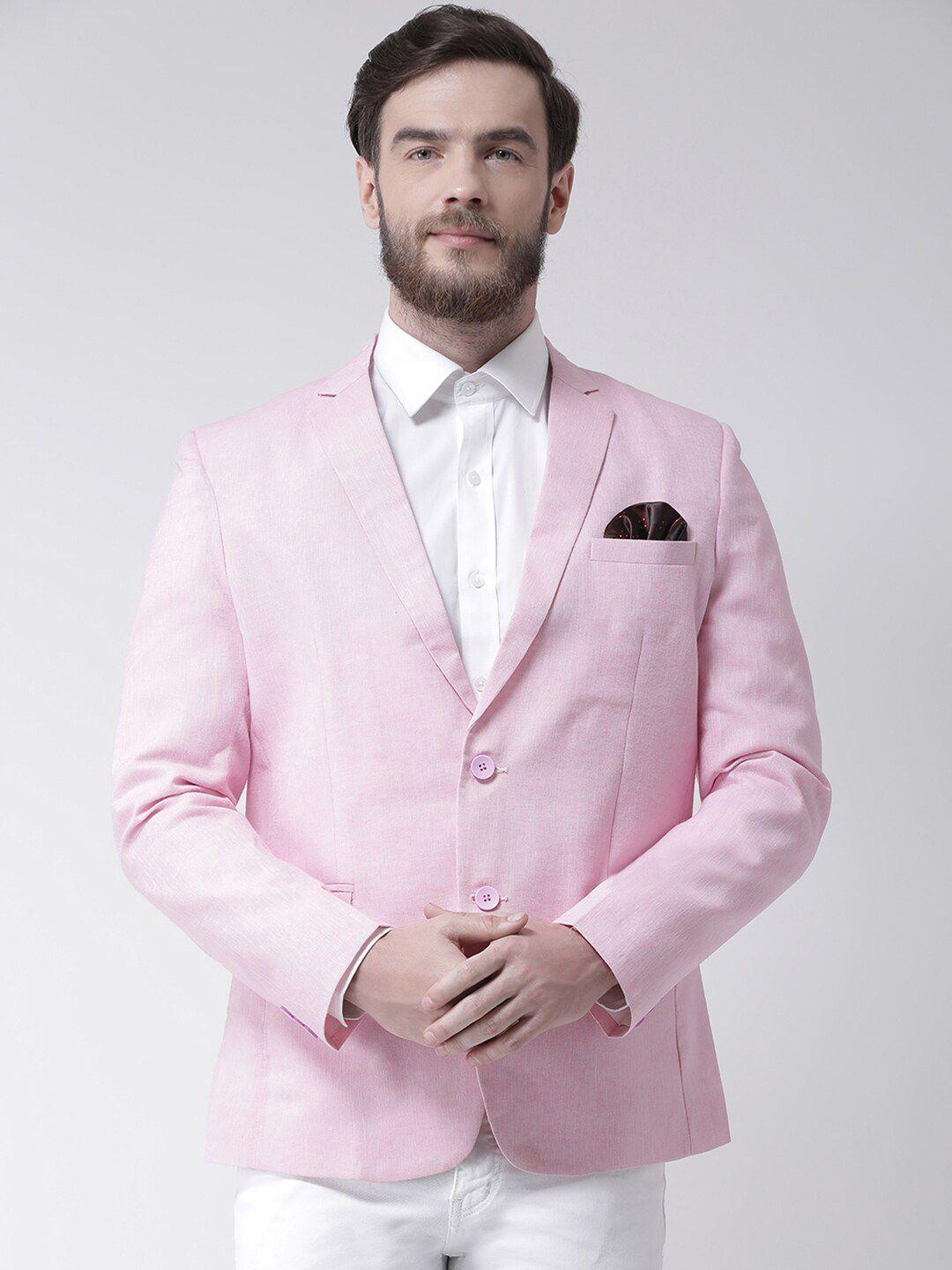 Hangup Men Pink Solid Linen Single Breasted Blazers