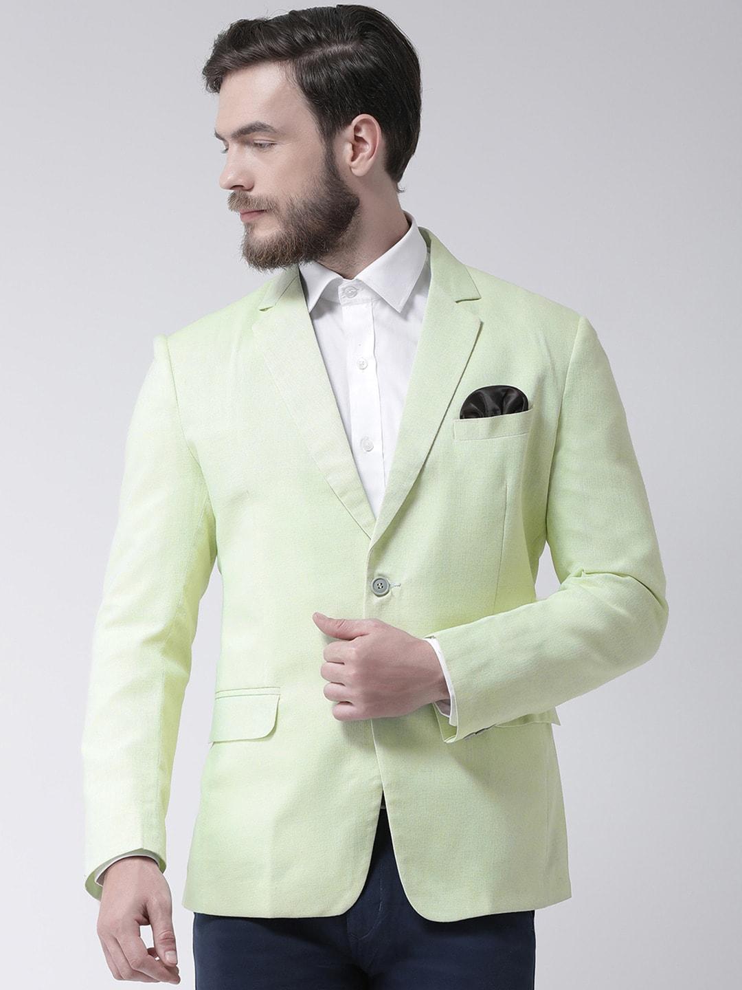 Hangup Men Green Solid Regular-Fit Single-Breasted Linen Formal Blazer