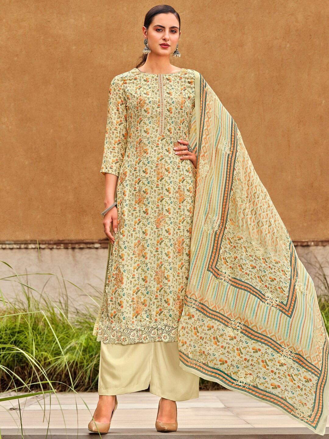 Stylee LIFESTYLE Cream-Coloured & Orange Printed Pure Silk Unstitched Dress Material