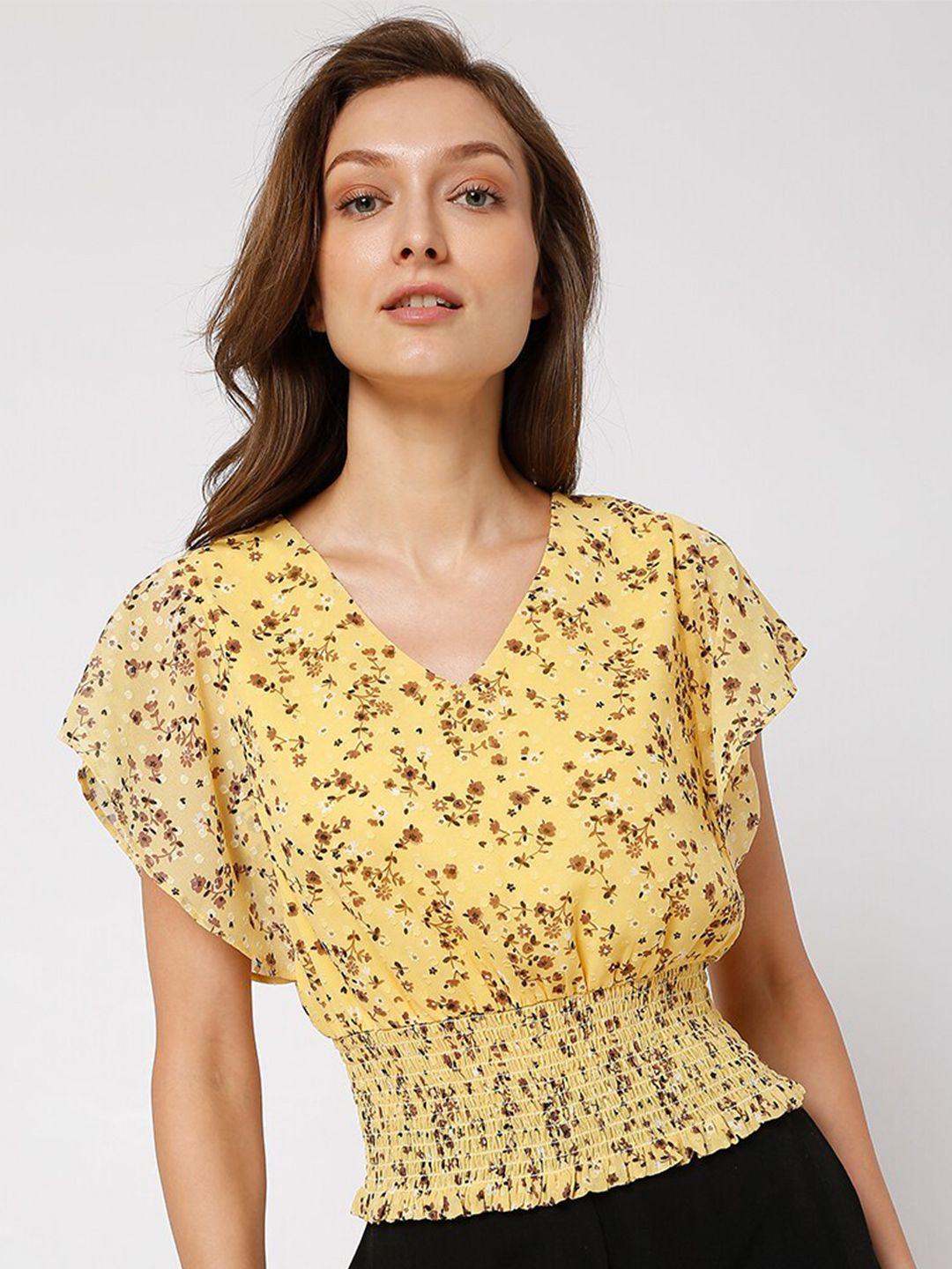 vero-moda-women-gold-toned-&-brown-floral-print-cinched-waist-top