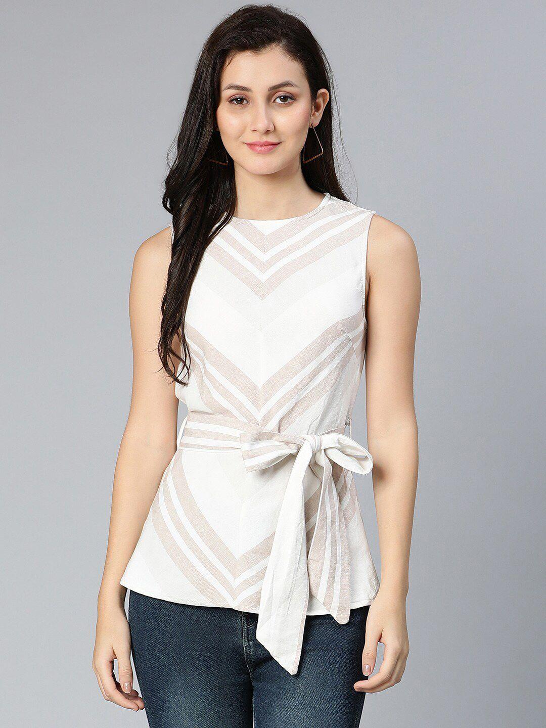 Oxolloxo Women White Pure Cotton Striped Sleeveless Belted Top