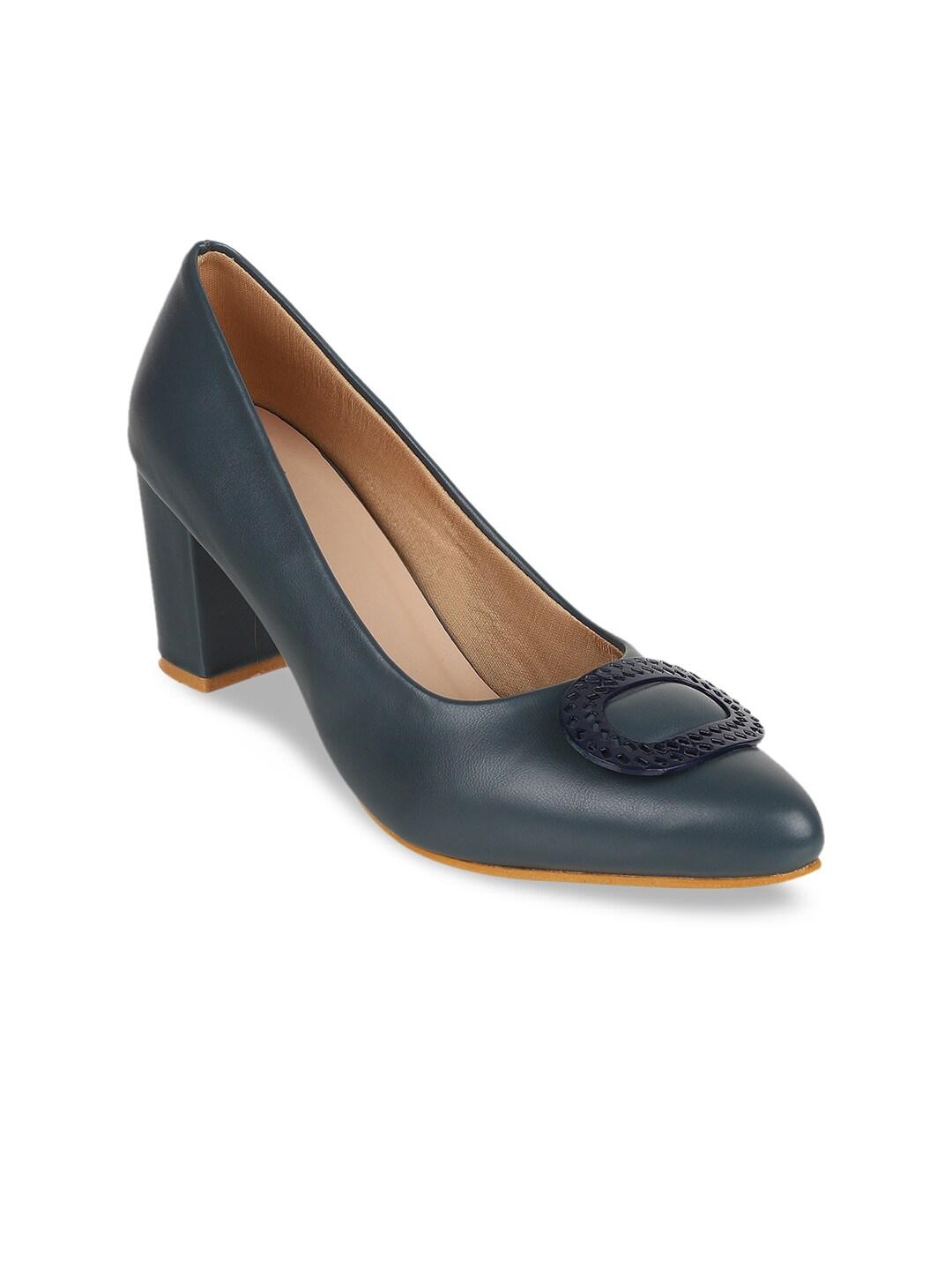 SHUZ TOUCH Blue Solid Block Heeled Pumps
