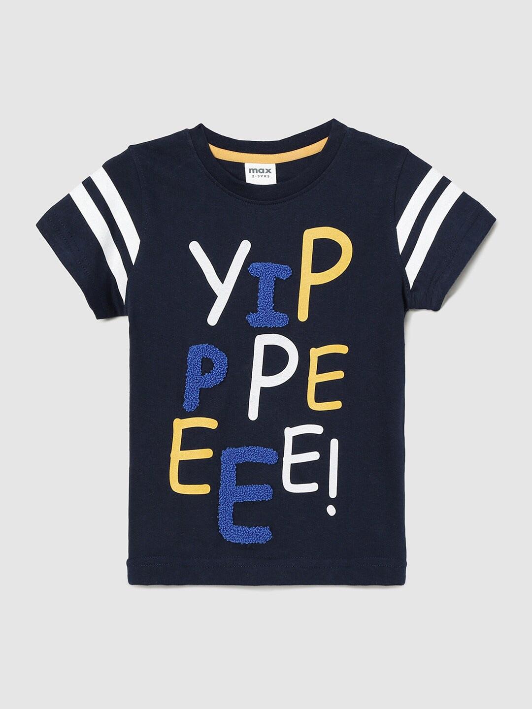 max Boys Navy Blue Typography Printed Pure Cotton T-shirt