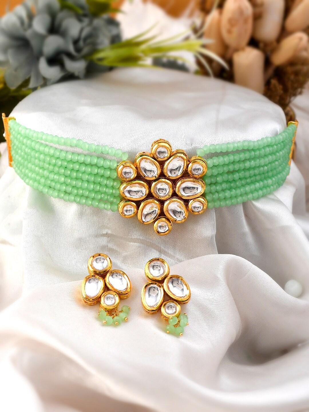 AQUASTREET Gold-Plated & Green Beaded Jewellery Set
