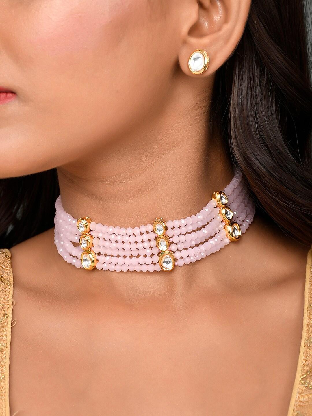 AQUASTREET Gold-Plated Pink Kundan-Studded Jewellery Set