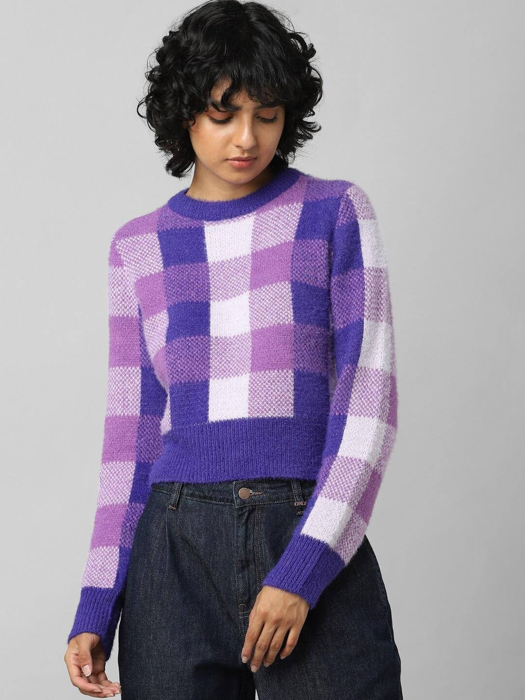 only-women-purple-&-white-checked-pullover