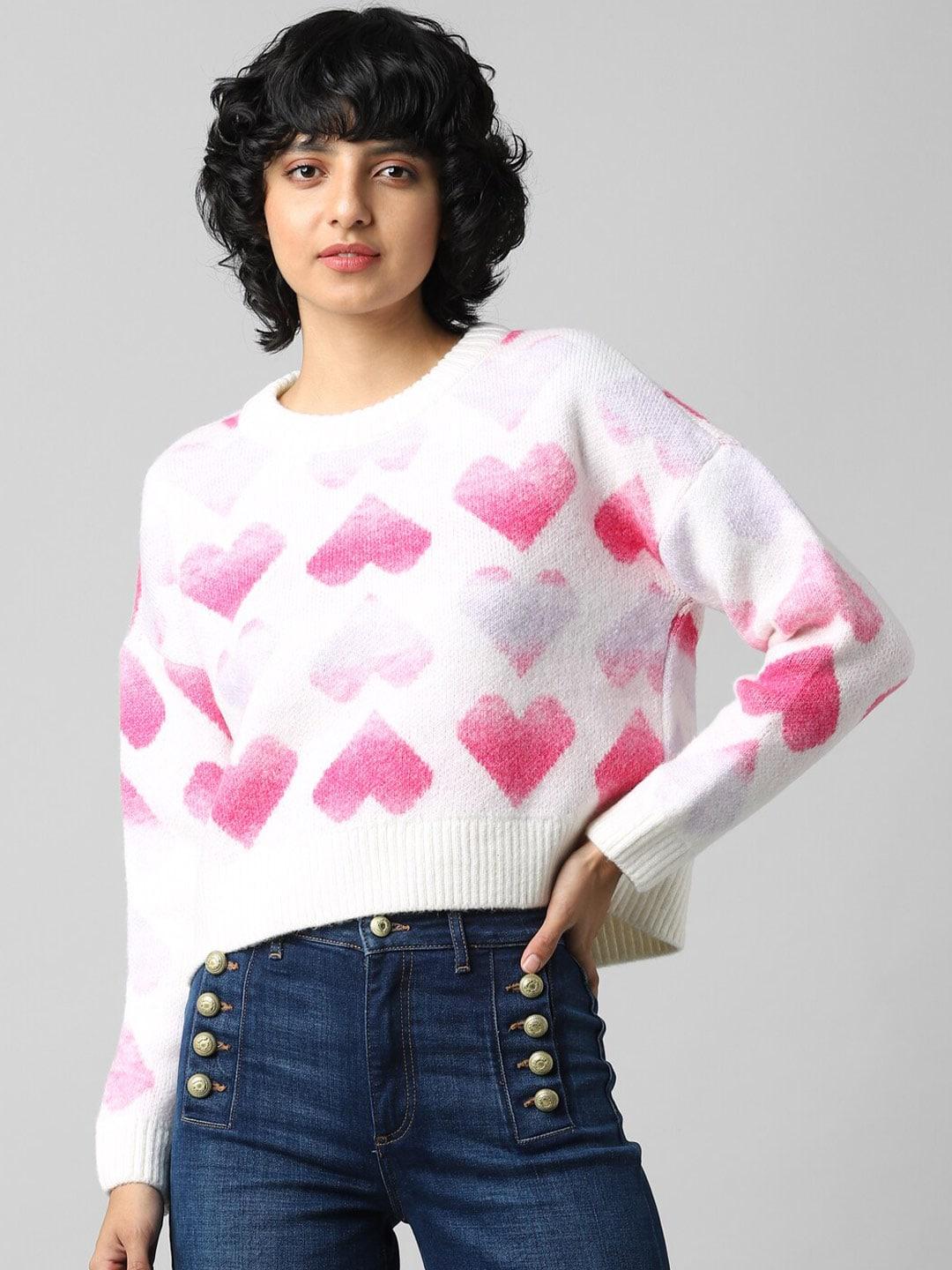 ONLY Women White & Pink Crop Pullover