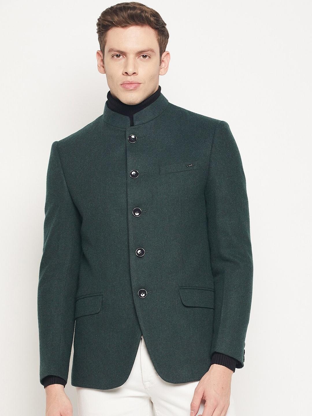 Spirit Men Olive-Green Colored Solid Bandhgala Pure Wool Formal Blazers