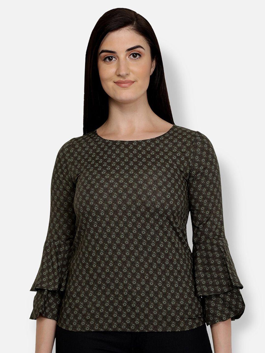Ashtag Olive Green Printed Pure Cotton Top