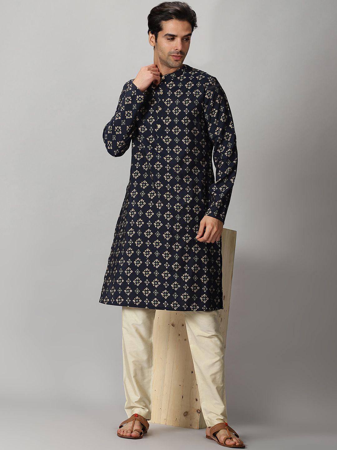 saffron-threads-men-navy-blue-bandhani-printed-rayon-kurta