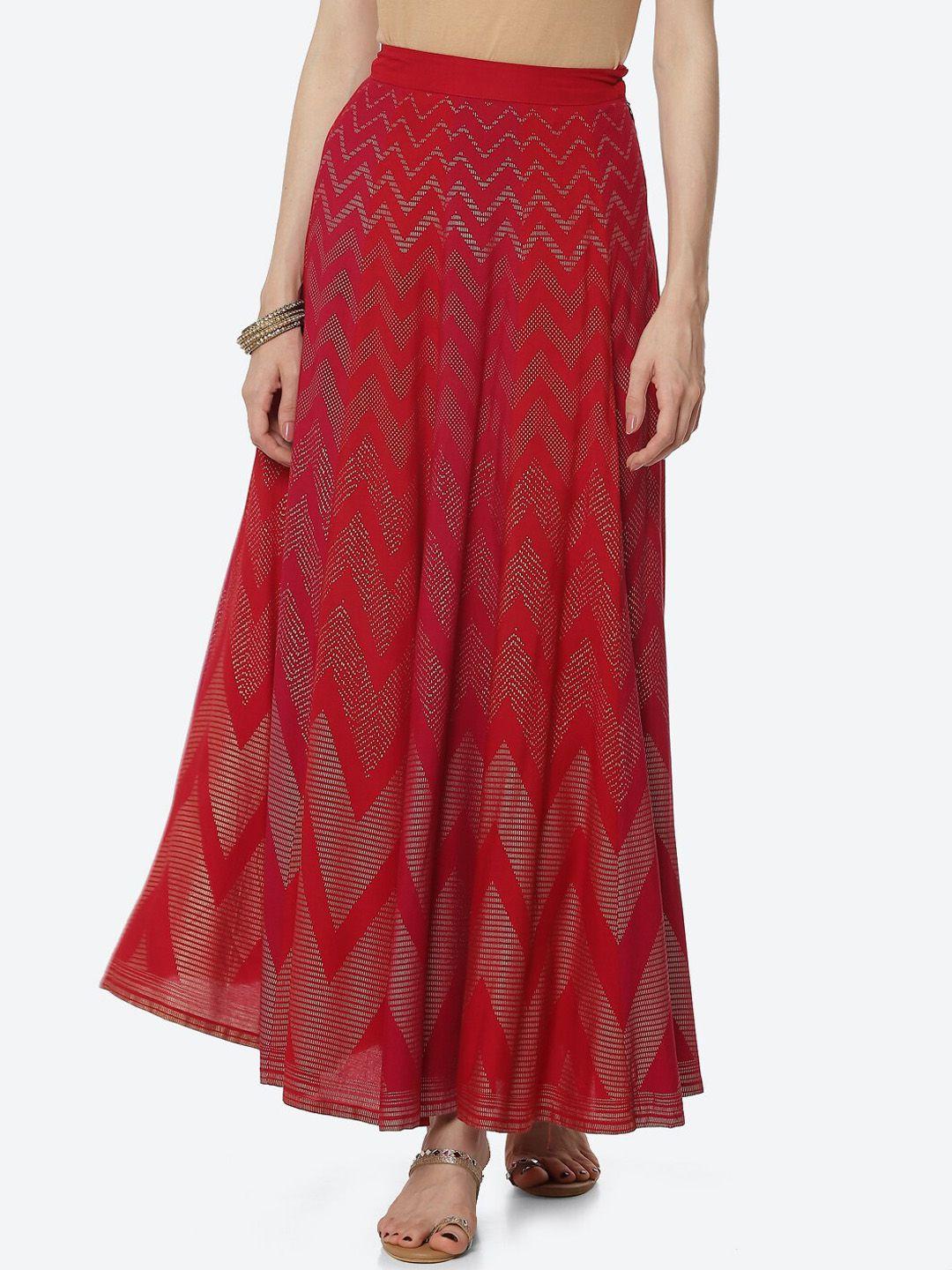 Rangriti Women Red Printed Flared Maxi Skirt