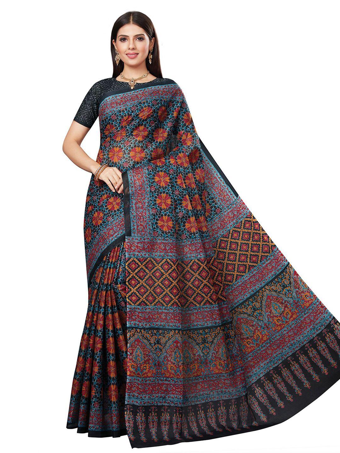 salwar-studio-black-&-blue-ethnic-motifs-pure-cotton-block-print-saree