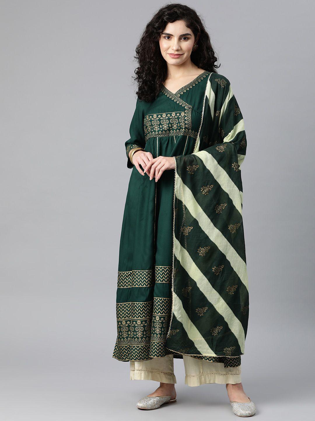 kalini-women-green-&-gold-toned-floral-printed-gotta-patti-anarkali-kurta-with-dupatta