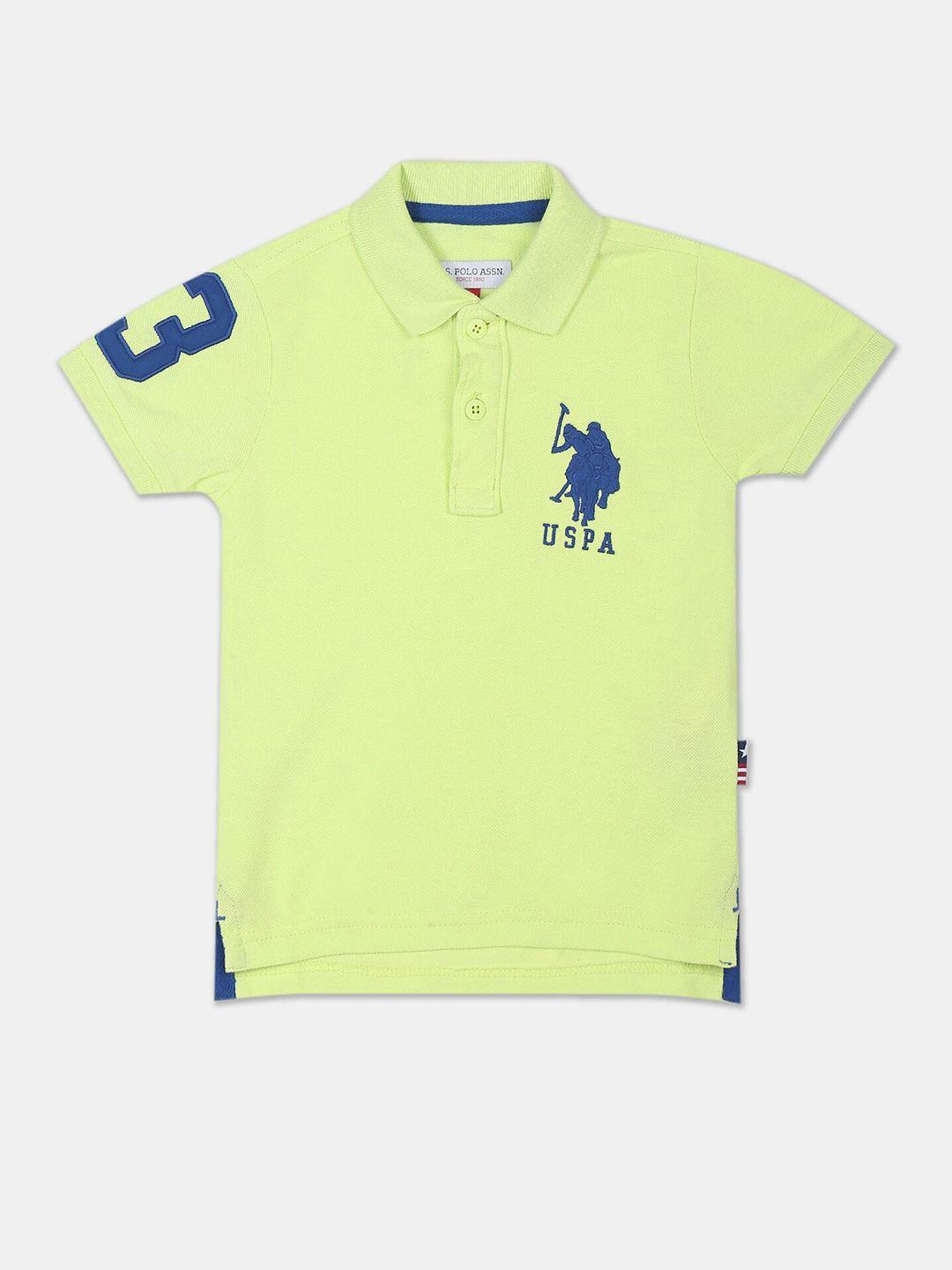 U S Polo Assn Kids Boys Green Typography Pure Cotton Polo Collar Applique T-shirt
