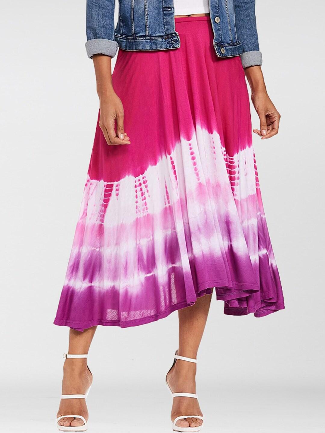 Dream of Glory Inc Women Pink Tie & Dye Printed Midi Flared Skirts