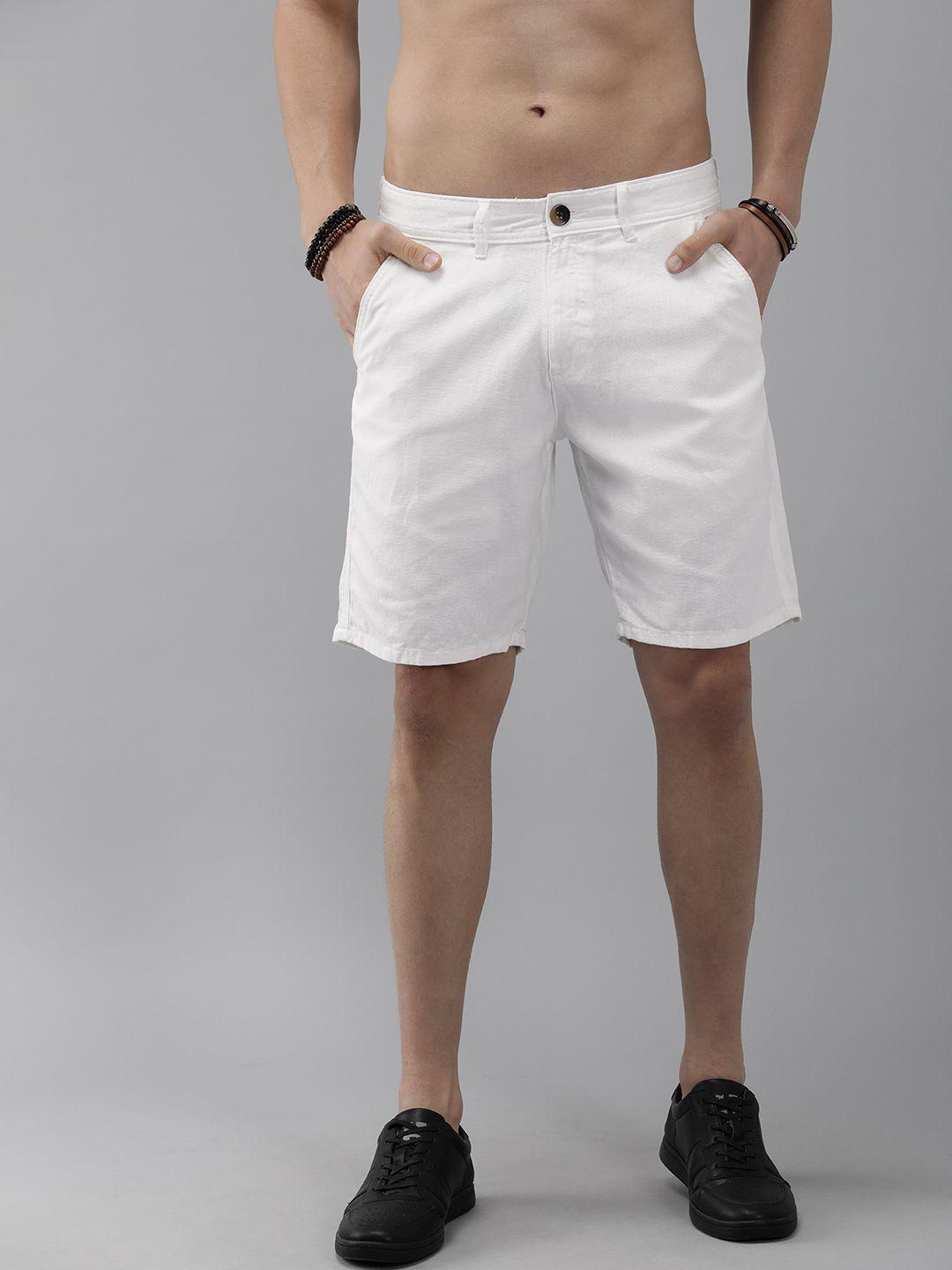 Roadster Men White Solid Slim Fit Pure Cotton Shorts