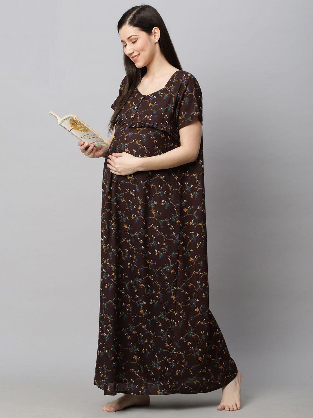 MomToBe Brown Printed Maxi Maternity Sustainable Nightdress