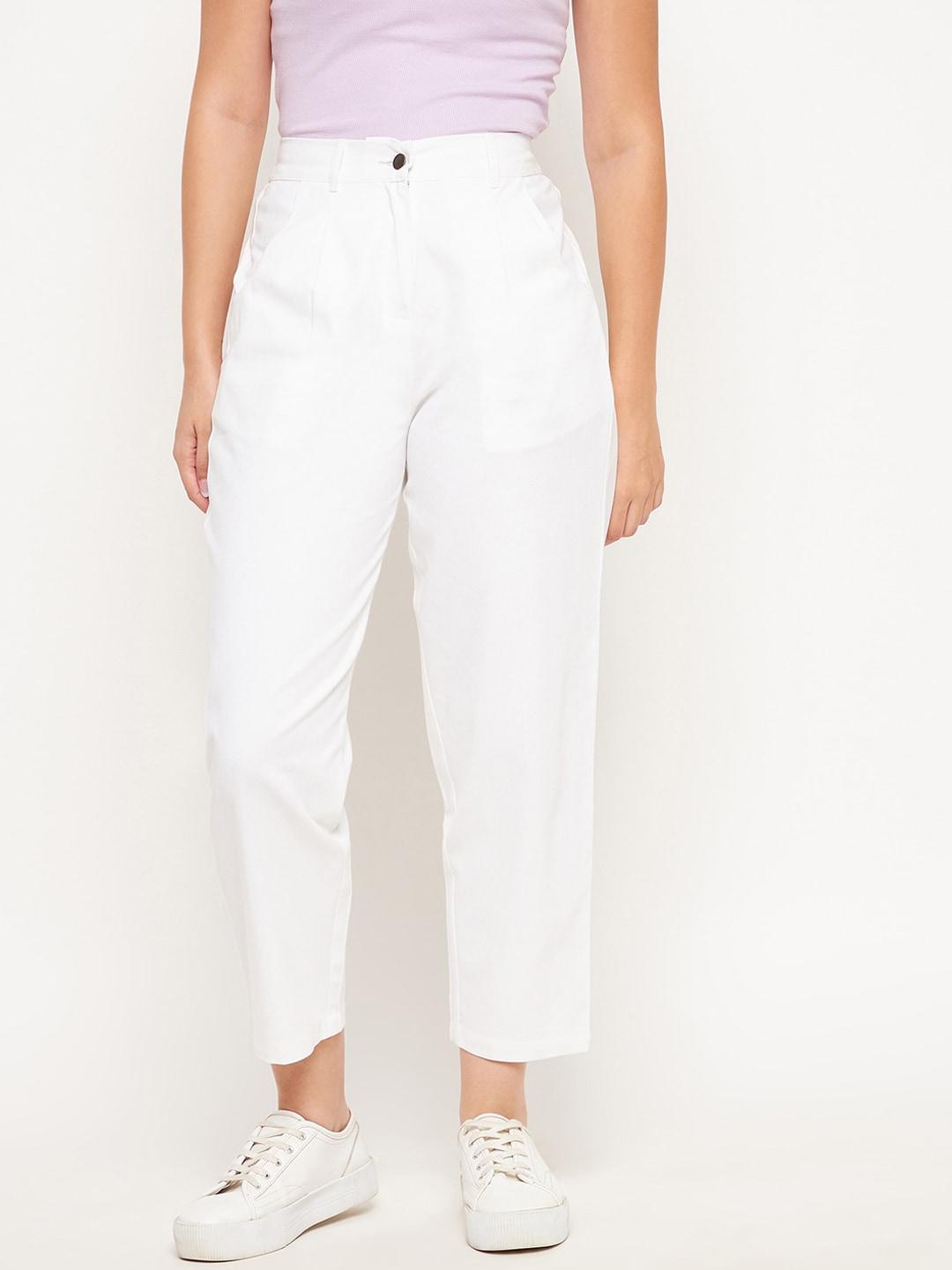 WineRed Women White Solid Easy Wash Trousers