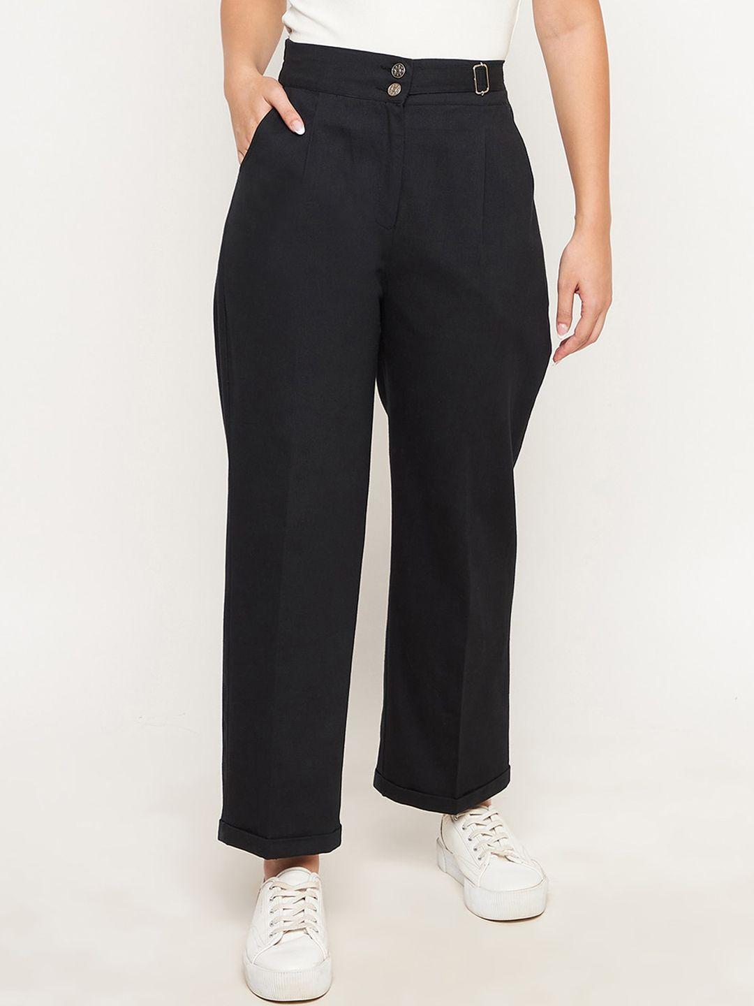 WineRed Women Black Solid Easy Wash Trousers with buckle