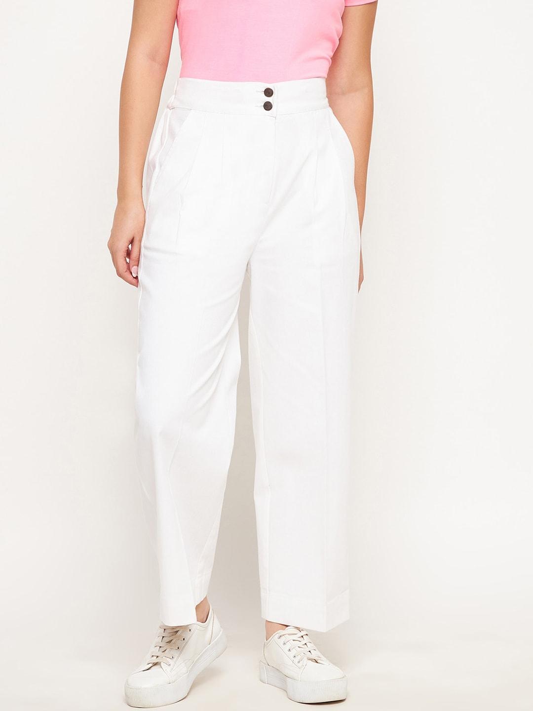 WineRed Women White Straight Fit High-Rise Easy Wash Pleated Trousers