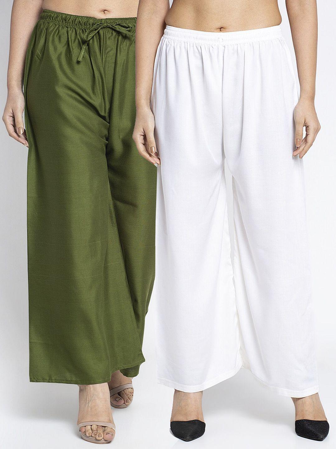 gracit-women-pack-of-2-olive-green-&-white-ethnic-palazzos