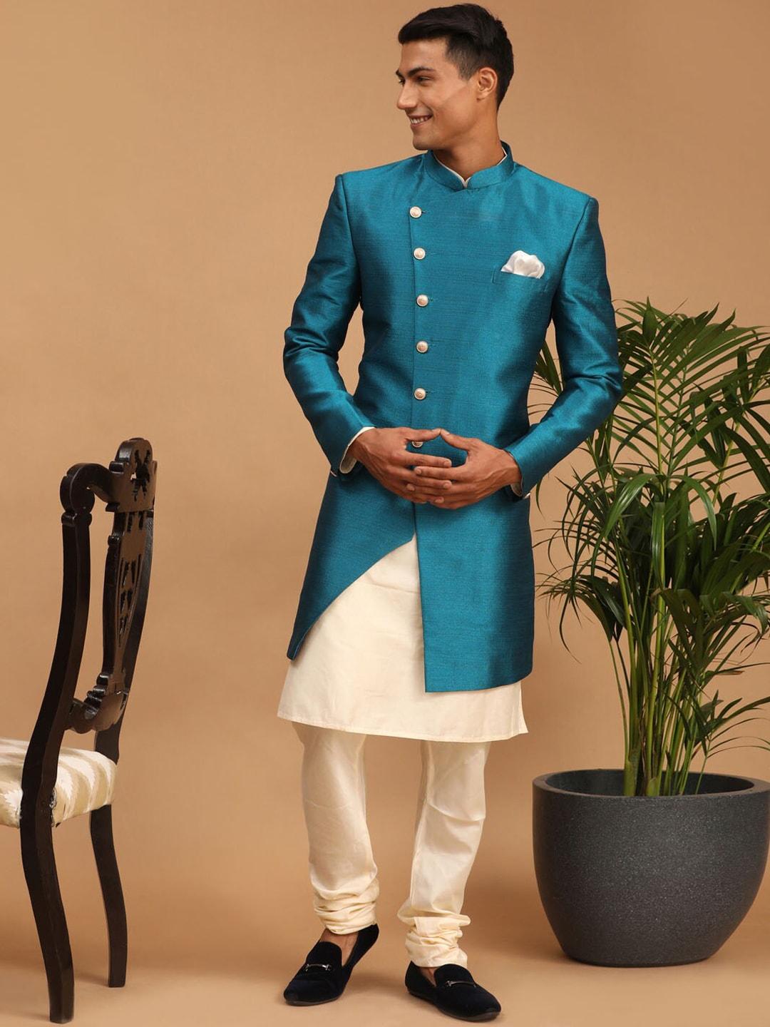 vastramay-men-turquoise-blue-solid-kurta-pyjama-sherwani-set