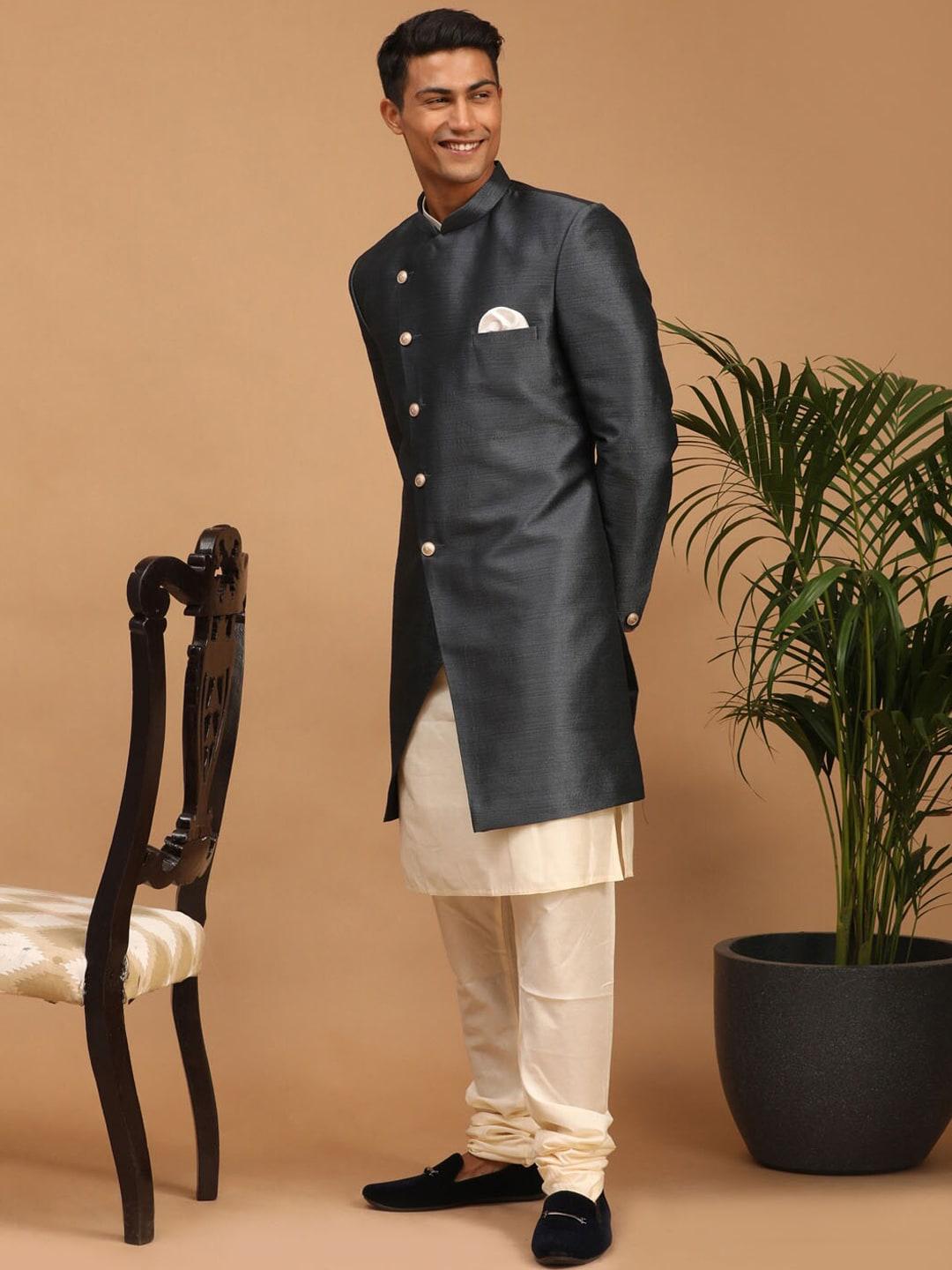 VASTRAMAY Men Grey & Cream Solid Silk Sherwani With Dhoti Pants