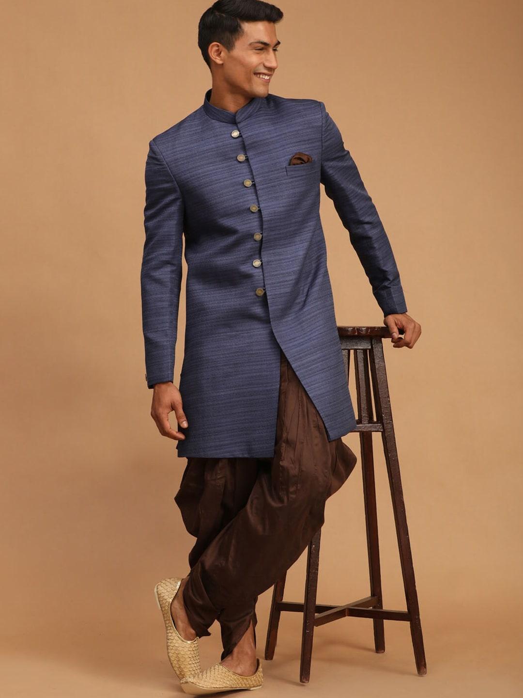 vastramay-men-navy-blue-&-brown-striped-slim-fit-sherwani-set