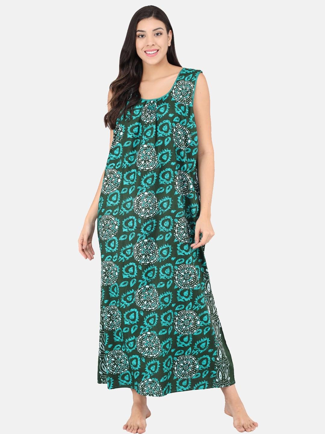 Shararat Women Green Printed Cotton Maxi Nightdress