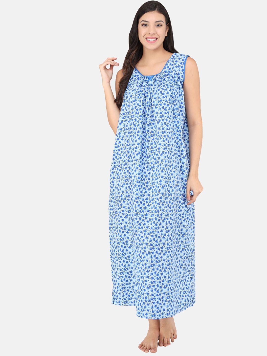 Shararat Women Blue &Off-White Printed Cotton Maxi Nightdress