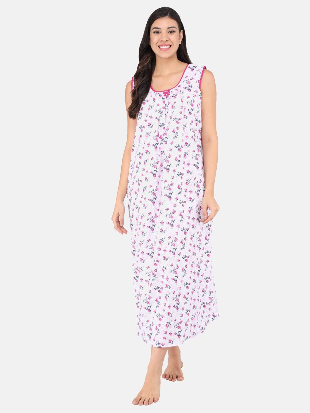 Shararat Women Pink & Off-White Printed Cotton Maxi Nightdress