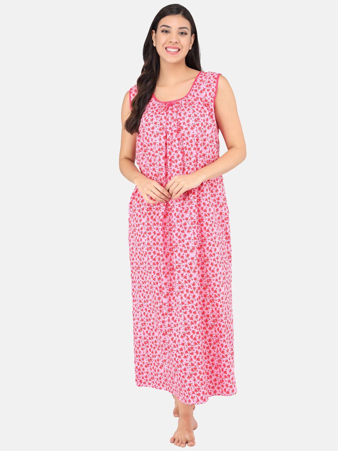 Shararat Women Pink Printed Pure Cotton Maxi Nightdress